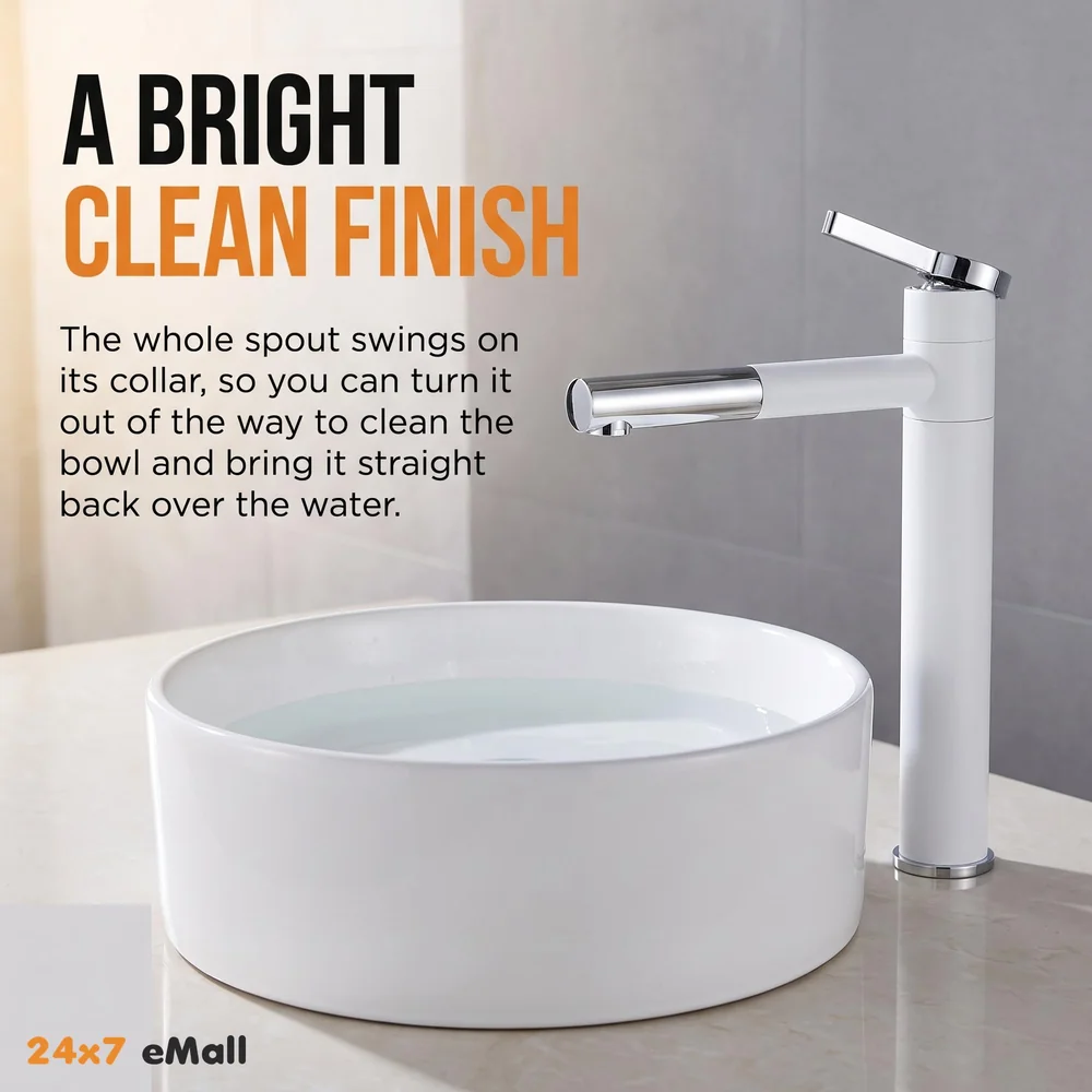 White Basin Tap Faucet Mixer for Bathroom Toilet Wash Basins Hot and Cold Water, 12 Inch Height Swivel Spout with 360 Rotation