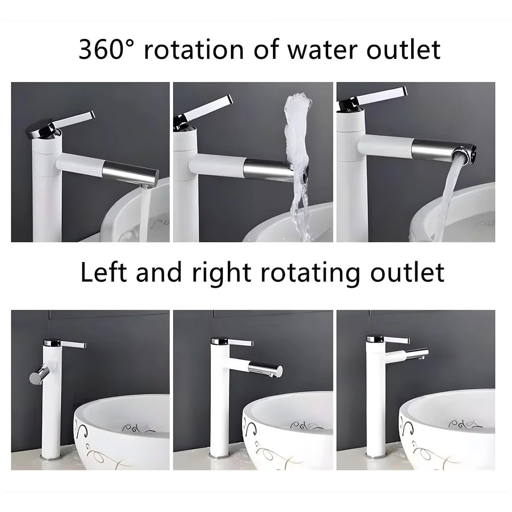 White Basin Tap Faucet Mixer for Bathroom Toilet Wash Basins Hot and Cold Water, 12 Inch Height Swivel Spout with 360 Rotation