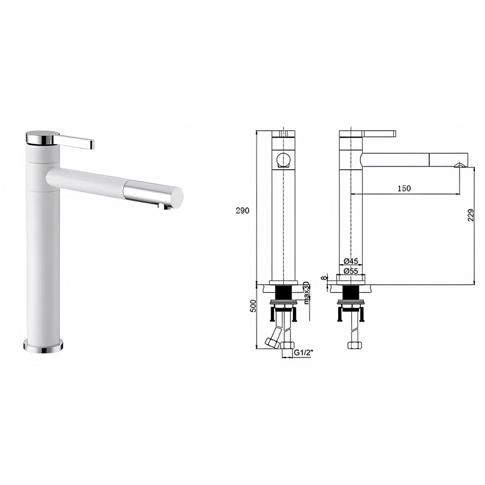 White Basin Tap Faucet Mixer for Bathroom Toilet Wash Basins Hot and Cold Water, 12 Inch Height Swivel Spout with 360 Rotation