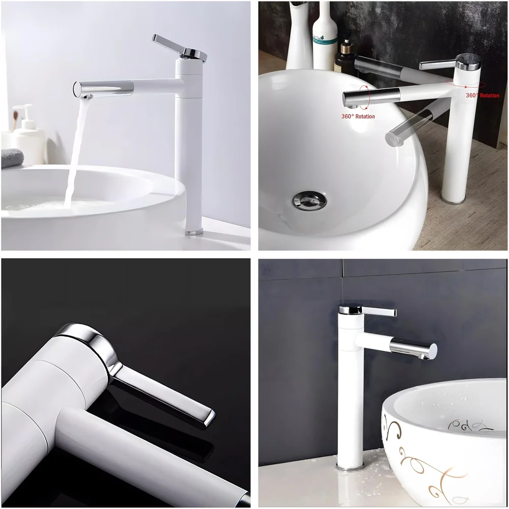 White Basin Tap Faucet Mixer for Bathroom Toilet Wash Basins Hot and Cold Water, 12 Inch Height Swivel Spout with 360 Rotation