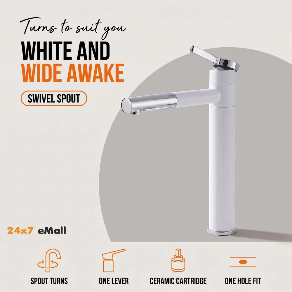 White Basin Tap Faucet Mixer for Bathroom Toilet Wash Basins Hot and Cold Water, 12 Inch Height Swivel Spout with 360 Rotation