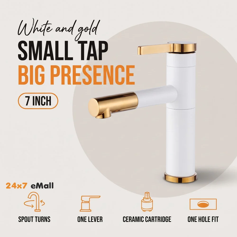 White Gold Basin Tap Basin Mixer Faucet Tap Hot and Cold, White Waterfall for Bathroom Wash Basin Sink Toilets 7 Inch Height