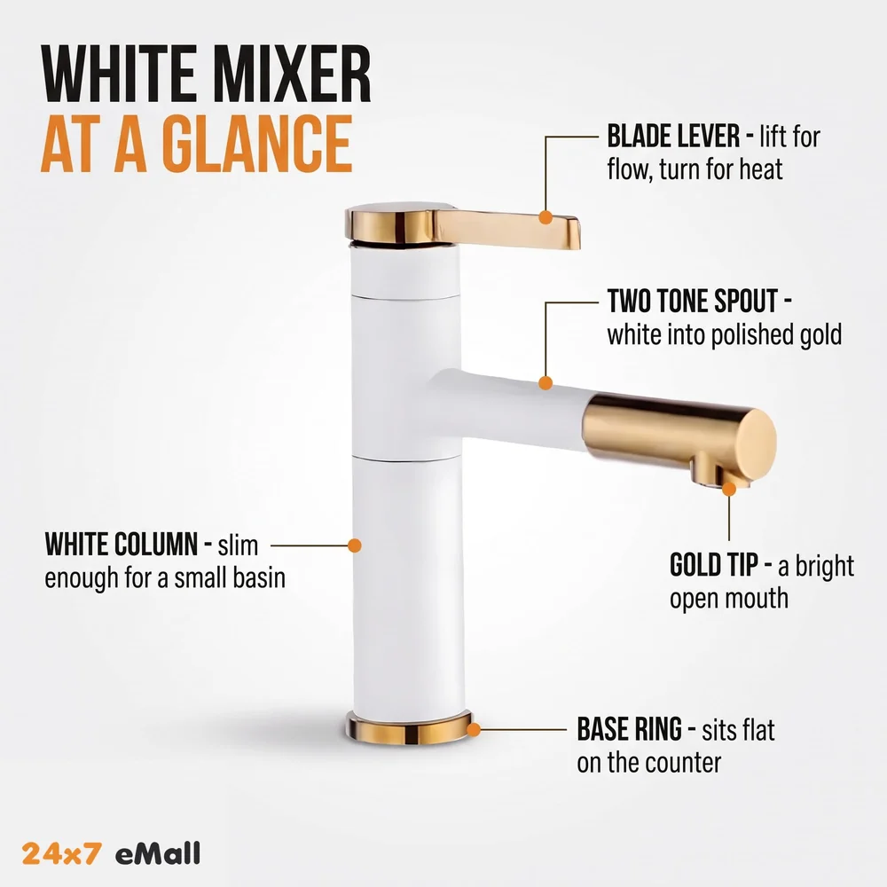 White Gold Basin Tap Basin Mixer Faucet Tap Hot and Cold, White Waterfall for Bathroom Wash Basin Sink Toilets 7 Inch Height