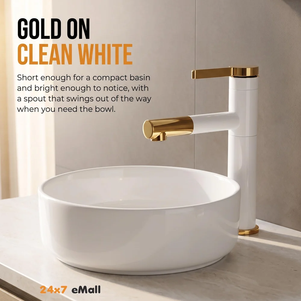 White Gold Basin Tap Basin Mixer Faucet Tap Hot and Cold, White Waterfall for Bathroom Wash Basin Sink Toilets 7 Inch Height