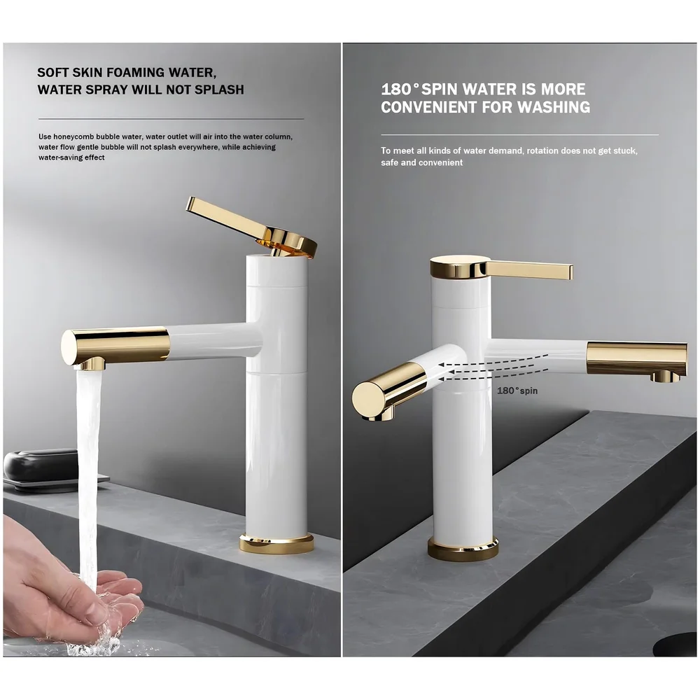 White Gold Basin Tap Basin Mixer Faucet Tap Hot and Cold, White Waterfall for Bathroom Wash Basin Sink Toilets 7 Inch Height