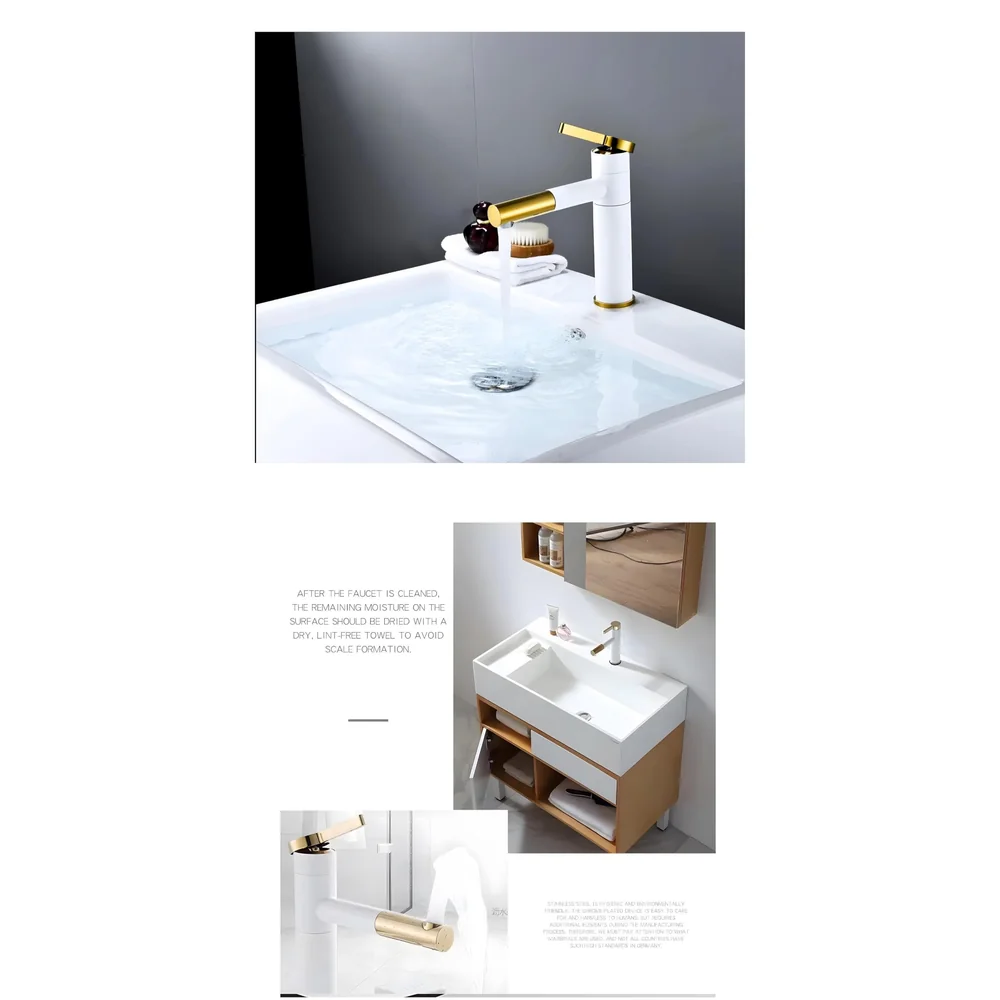 White Gold Basin Tap Basin Mixer Faucet Tap Hot and Cold, White Waterfall for Bathroom Wash Basin Sink Toilets 7 Inch Height