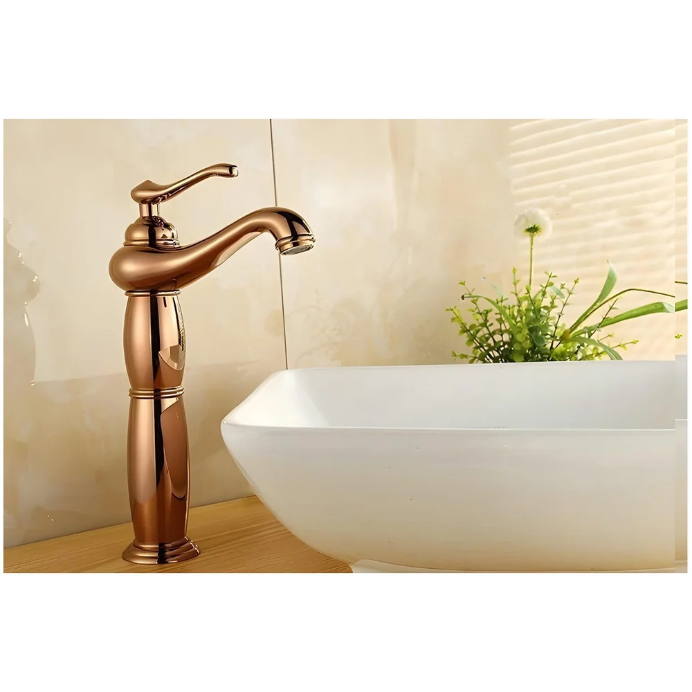 Brass Rose Gold Basin Faucet Tap Mixer for Bathroom Toilet Wash Basins Hot and Cold Water, Rose Gold Belle, 12 inch Height