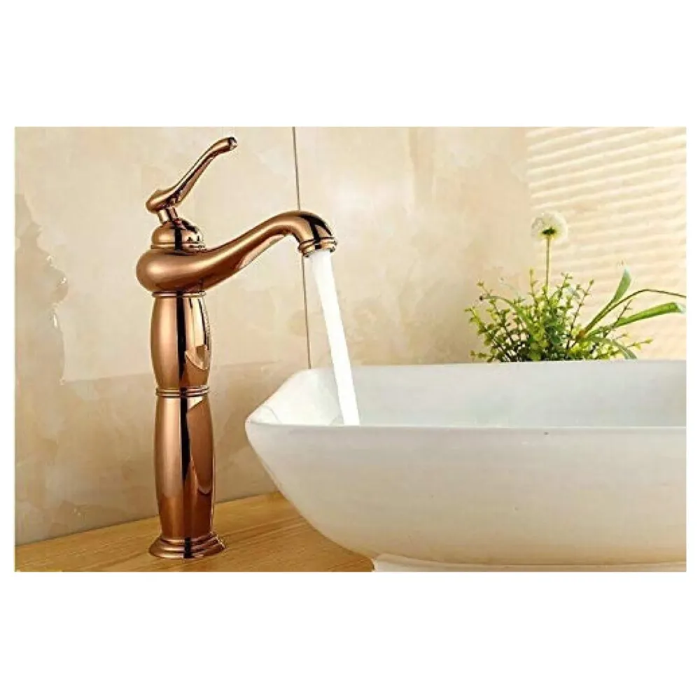 Brass Rose Gold Basin Faucet Tap Mixer for Bathroom Toilet Wash Basins Hot and Cold Water, Rose Gold Belle, 12 inch Height