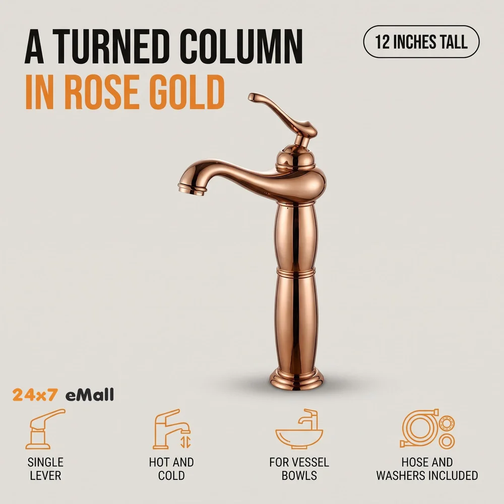 Brass Rose Gold Basin Faucet Tap Mixer for Bathroom Toilet Wash Basins Hot and Cold Water, Rose Gold Belle, 12 inch Height