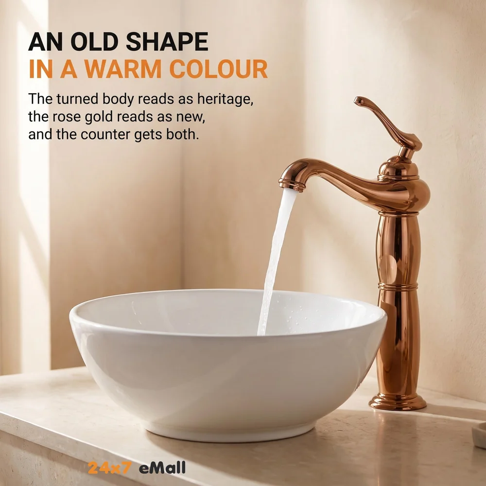 Brass Rose Gold Basin Faucet Tap Mixer for Bathroom Toilet Wash Basins Hot and Cold Water, Rose Gold Belle, 12 inch Height