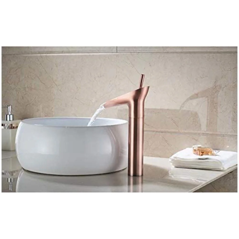 Rose Gold Waterfall Basin Faucet Tap Mixer for Bathroom Toilet Wash Basins Hot and Cold Water (Without pop-up) Rosette Waterfall 12 inches Height