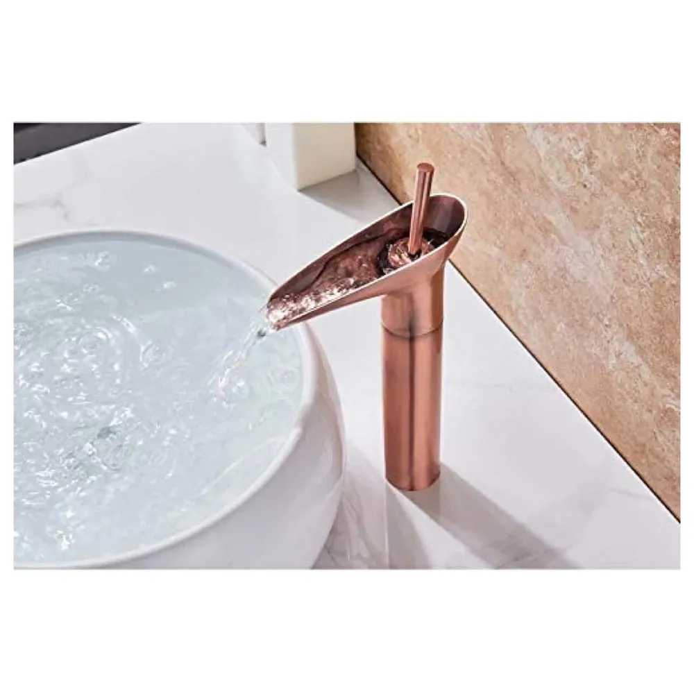 Rose Gold Waterfall Basin Faucet Tap Mixer for Bathroom Toilet Wash Basins Hot and Cold Water (Without pop-up) Rosette Waterfall 12 inches Height