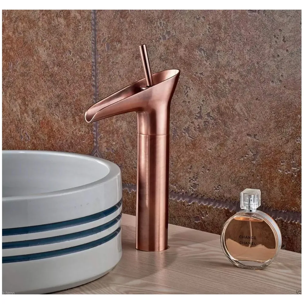 Rose Gold Waterfall Basin Faucet Tap Mixer for Bathroom Toilet Wash Basins Hot and Cold Water (Without pop-up) Rosette Waterfall 12 inches Height