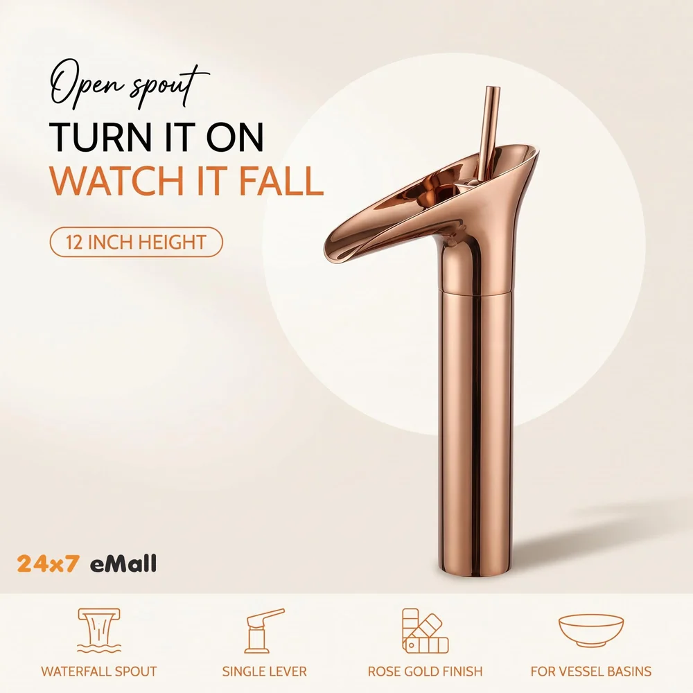 Rose Gold Waterfall Basin Faucet Tap Mixer for Bathroom Toilet Wash Basins Hot and Cold Water (Without pop-up) Rosette Waterfall 12 inches Height