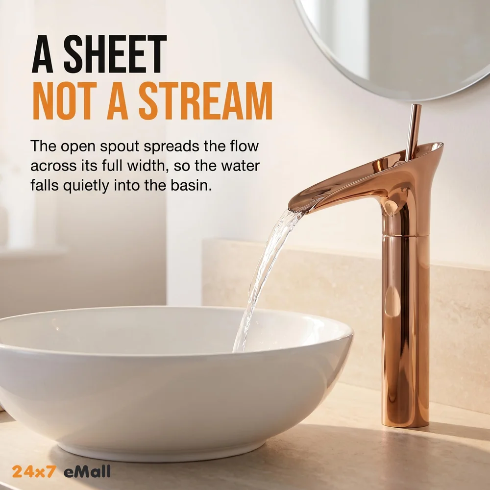 Rose Gold Waterfall Basin Faucet Tap Mixer for Bathroom Toilet Wash Basins Hot and Cold Water (Without pop-up) Rosette Waterfall 12 inches Height