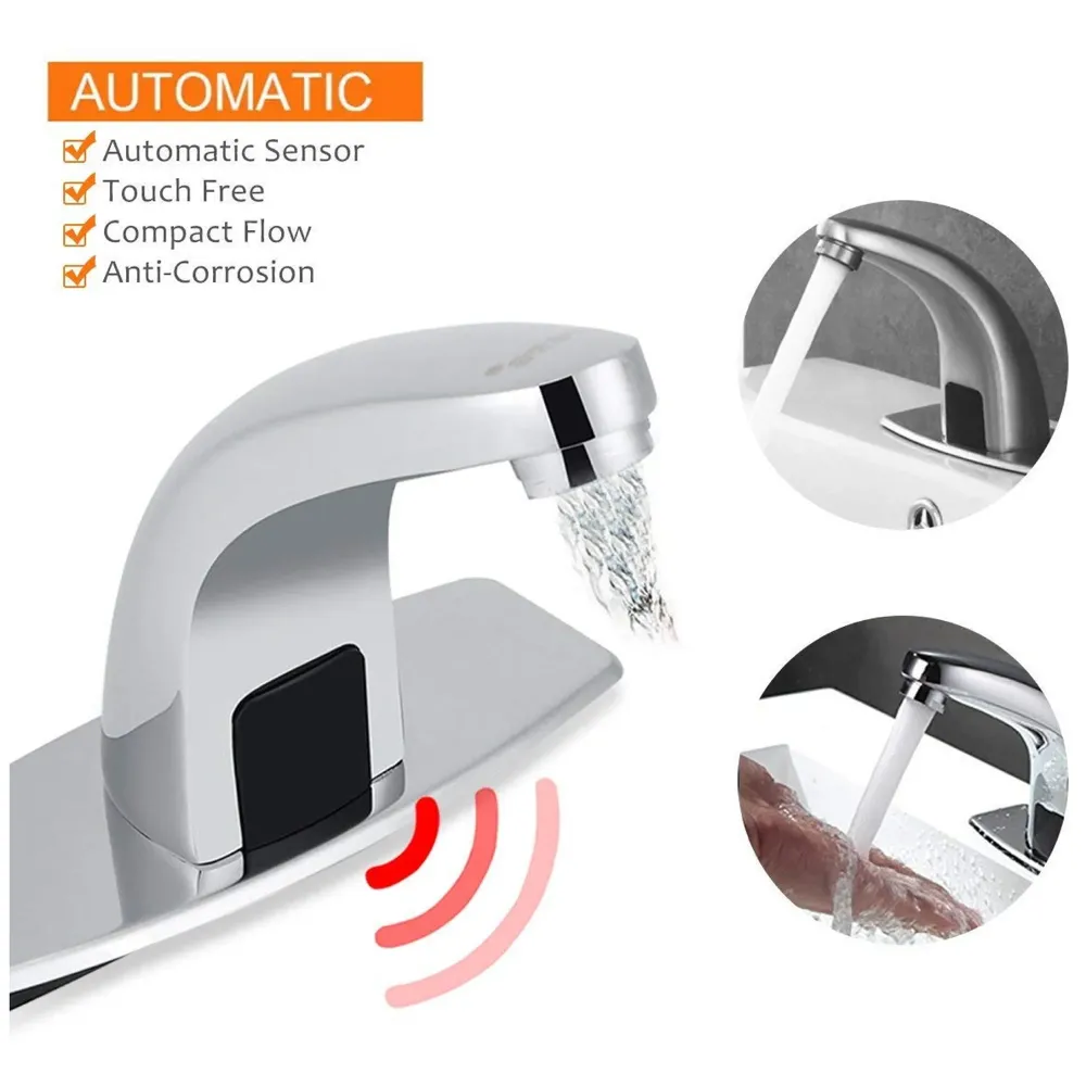 Sensor Tap. Automatic Mixer Brass for Bathroom/Touch Less Hand Free Sensor Tap for Washbasin with Foam Flow Water, Hot and Cold Mixer, 5 Inch Height. AC and Battery Operated (AC/DC)