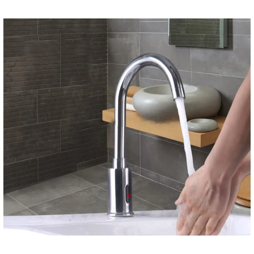 Tall Brass Swan Neck Sensor Tap Automatic For Bathroom/Touch less Hand Free Sensor Tap AC And Battery Operated For Washbasin With Foam Flow Water, Hot And Cold Mixer, 12 Inch Height.(AC/DC)