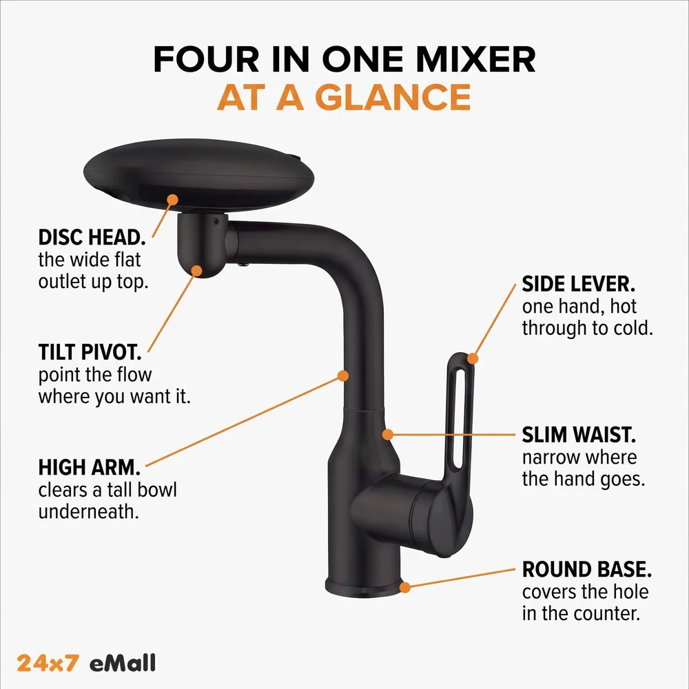 4 in 1 Black Faucet Tap Mixer Twist Flow Swivel 360 10.4x6.9in