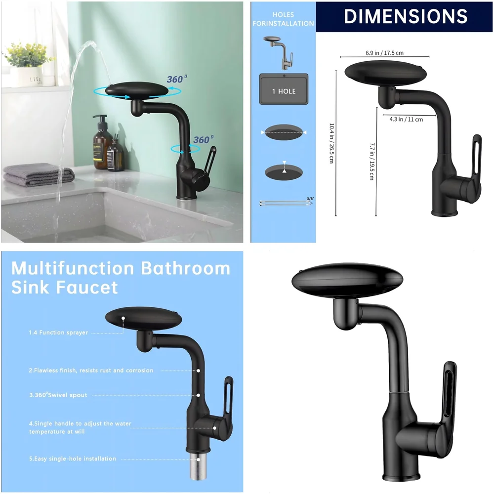 4 in 1 Black Faucet Tap Mixer Twist Flow Swivel 360 10.4x6.9in