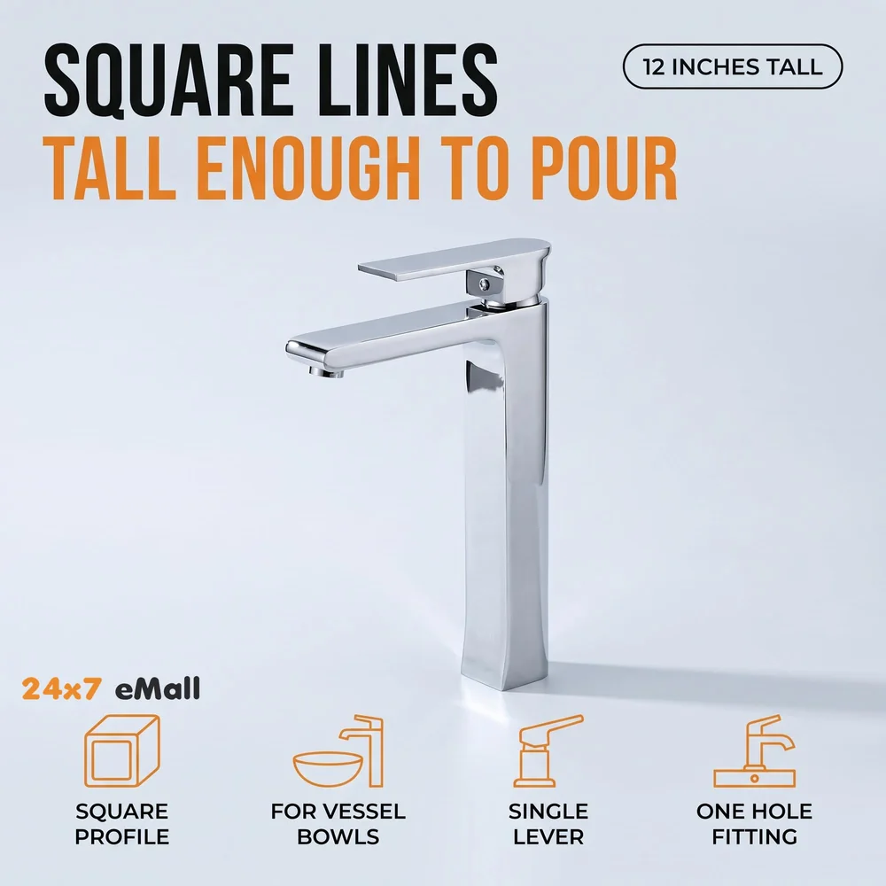 Silver Basin Tap Faucet Mixer Chrome Square for Bathroom Toilet Wash Basins Hot and Cold Water, 12 Inches Height