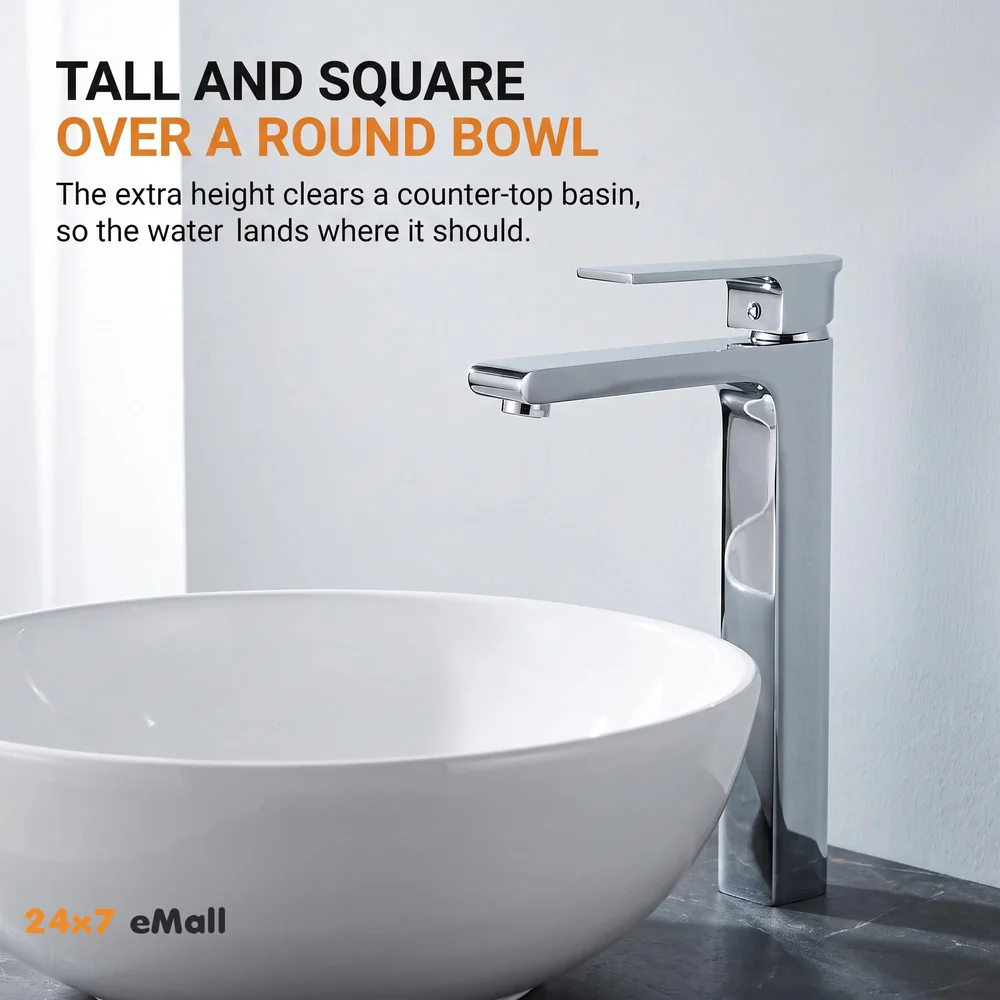 Silver Basin Tap Faucet Mixer Chrome Square for Bathroom Toilet Wash Basins Hot and Cold Water, 12 Inches Height