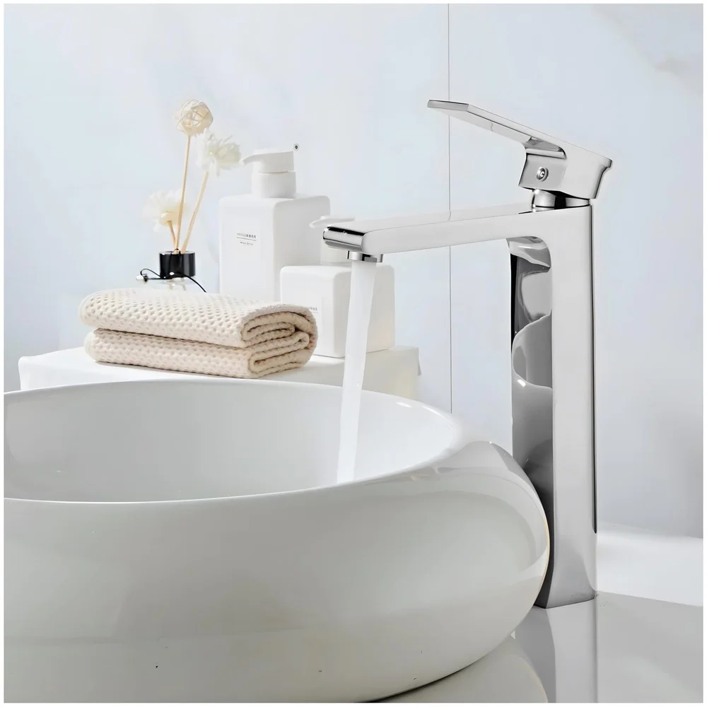 Silver Basin Tap Faucet Mixer Chrome Square for Bathroom Toilet Wash Basins Hot and Cold Water, 12 Inches Height