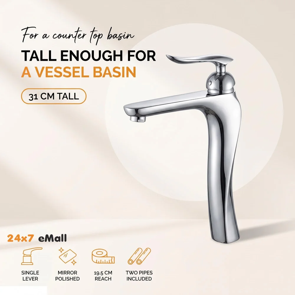 Silver Basin Tap Faucet Mixer Chrome Twist for Bathroom Toilet Wash Basins Hot and Cold Water, 12 Inches Height, Deck Mounted