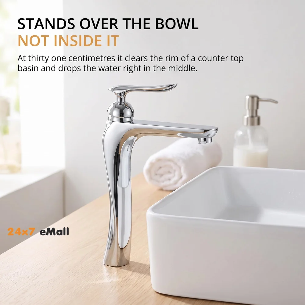 Silver Basin Tap Faucet Mixer Chrome Twist for Bathroom Toilet Wash Basins Hot and Cold Water, 12 Inches Height, Deck Mounted