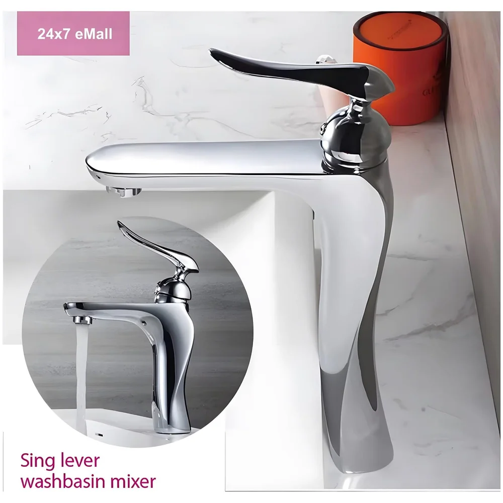 Silver Basin Tap Faucet Mixer Chrome Twist for Bathroom Toilet Wash Basins Hot and Cold Water, 12 Inches Height, Deck Mounted