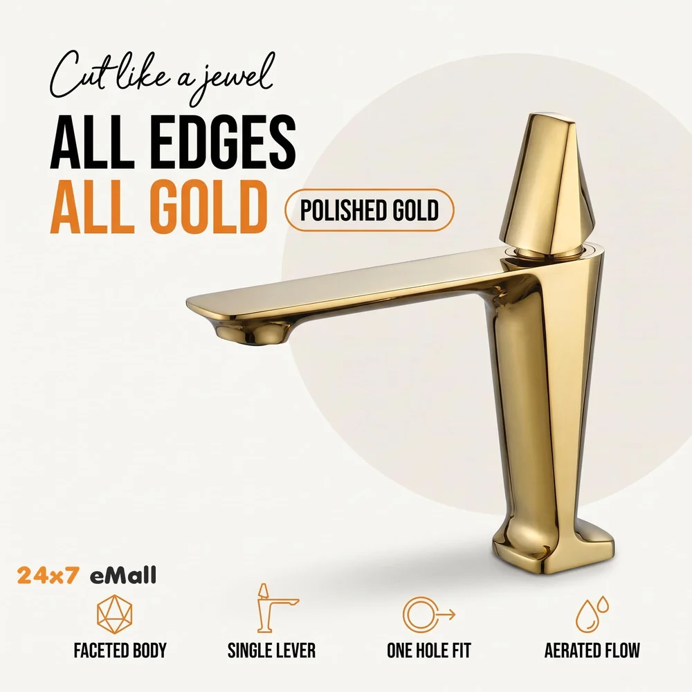 Gold Faucet Tap Mixer Hot and Cold Water Heavy Single Lever Basin Mixer with Ceramic Cartridge for Bathroom Wash Basins - 17.4 Cm x 18.3 Cm Golden