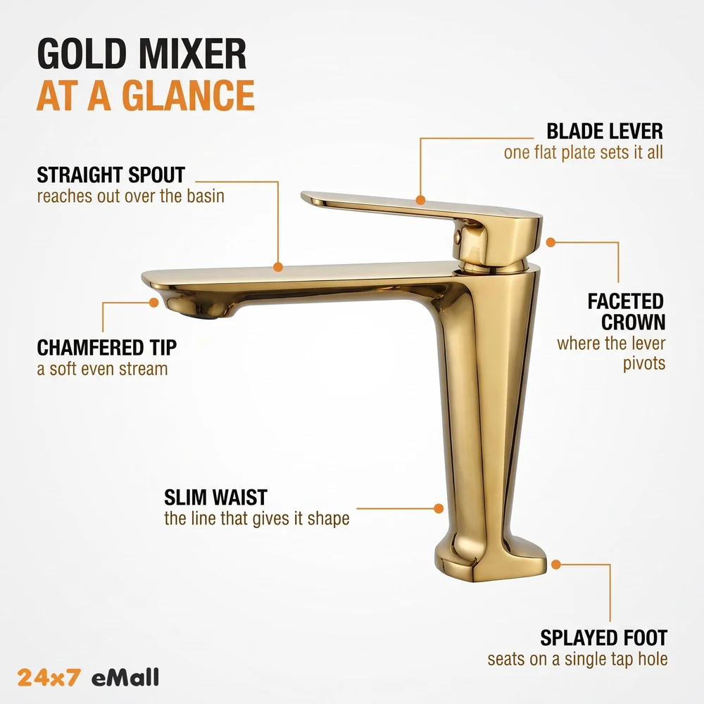 Gold Faucet Tap Mixer Hot and Cold Water Heavy Single Lever Basin Mixer with Ceramic Cartridge for Bathroom Wash Basins - 17.4 Cm x 18.3 Cm Golden