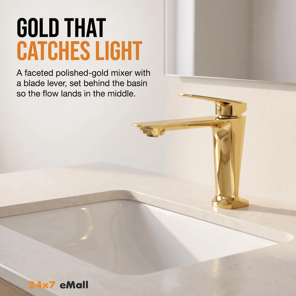 Gold Faucet Tap Mixer Hot and Cold Water Heavy Single Lever Basin Mixer with Ceramic Cartridge for Bathroom Wash Basins - 17.4 Cm x 18.3 Cm Golden