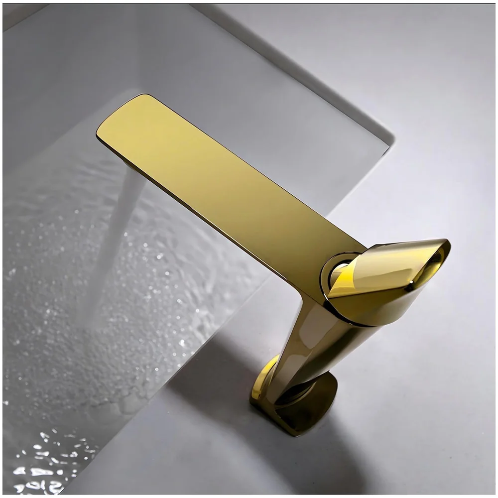 Gold Faucet Tap Mixer Hot and Cold Water Heavy Single Lever Basin Mixer with Ceramic Cartridge for Bathroom Wash Basins - 17.4 Cm x 18.3 Cm Golden