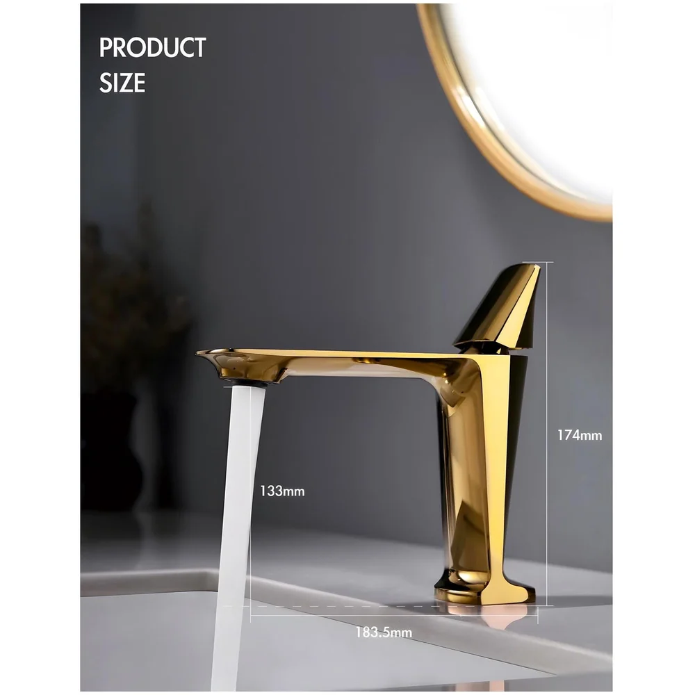 Gold Faucet Tap Mixer Hot and Cold Water Heavy Single Lever Basin Mixer with Ceramic Cartridge for Bathroom Wash Basins - 17.4 Cm x 18.3 Cm Golden