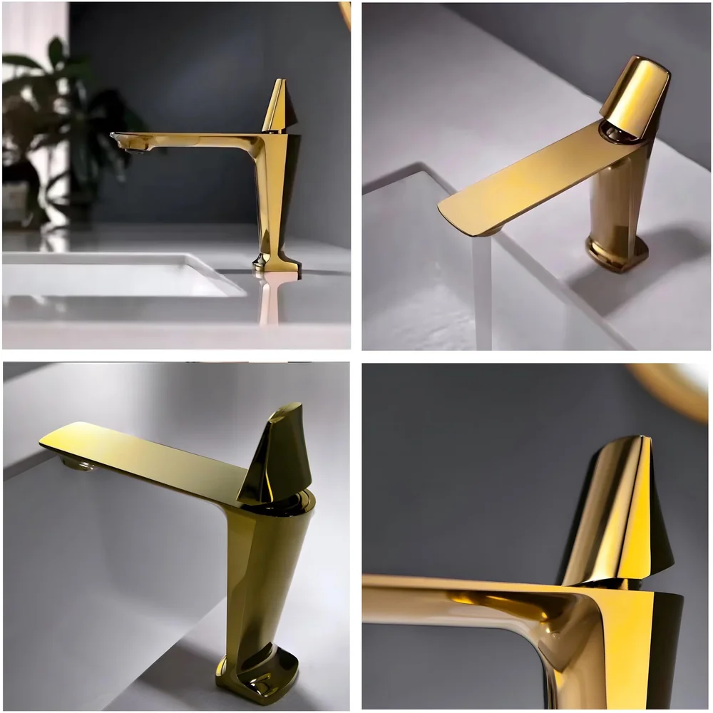 Gold Faucet Tap Mixer Hot and Cold Water Heavy Single Lever Basin Mixer with Ceramic Cartridge for Bathroom Wash Basins - 17.4 Cm x 18.3 Cm Golden