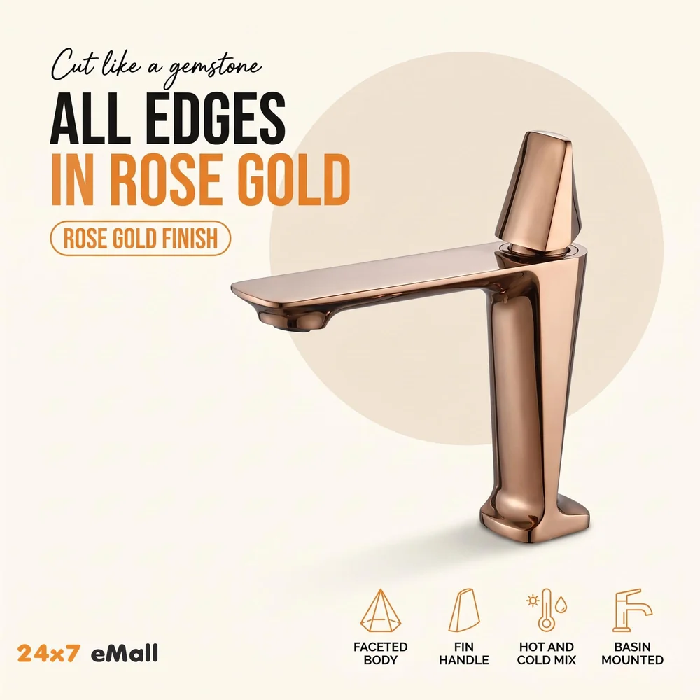 Rose Gold Faucet Tap Mixer Hot and Cold Water Heavy Single Lever Basin Mixer with Ceramic Cartridge for Bathroom Wash Basins - 17.4 Cm x 18.3 Cm