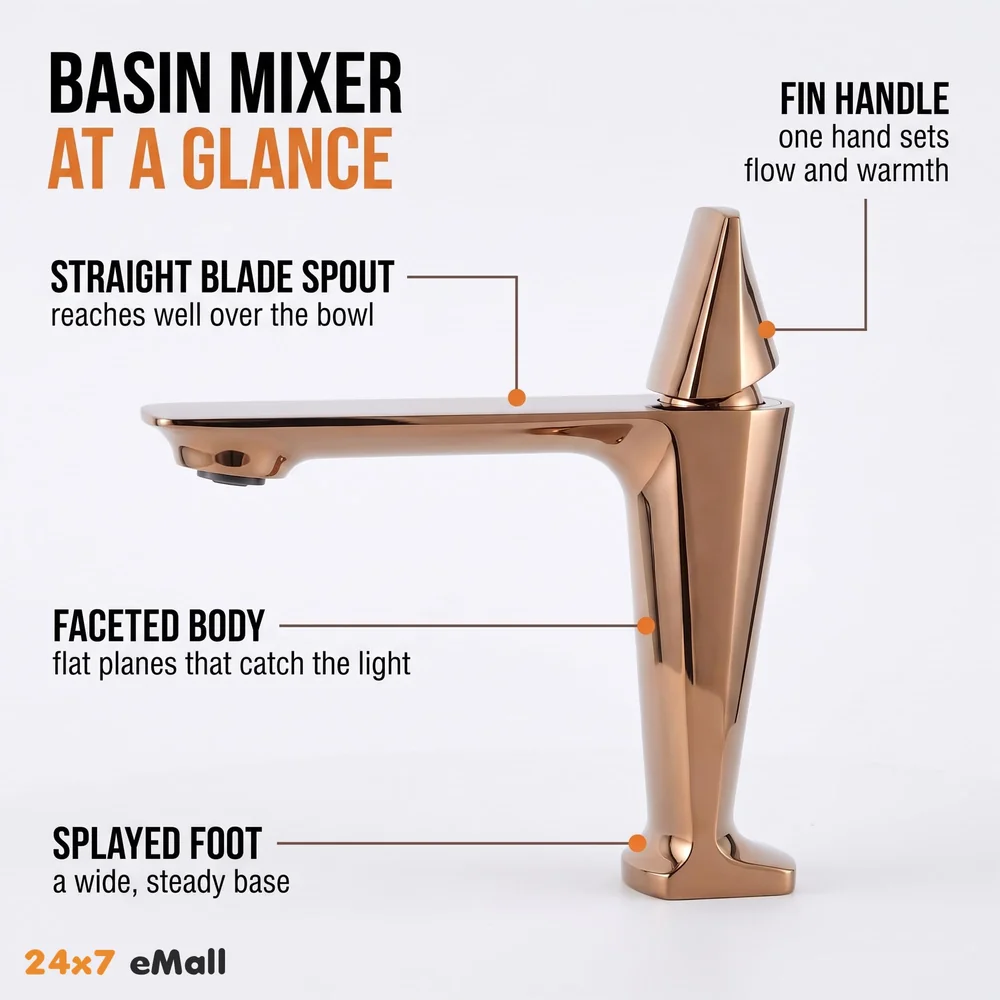 Rose Gold Faucet Tap Mixer Hot and Cold Water Heavy Single Lever Basin Mixer with Ceramic Cartridge for Bathroom Wash Basins - 17.4 Cm x 18.3 Cm