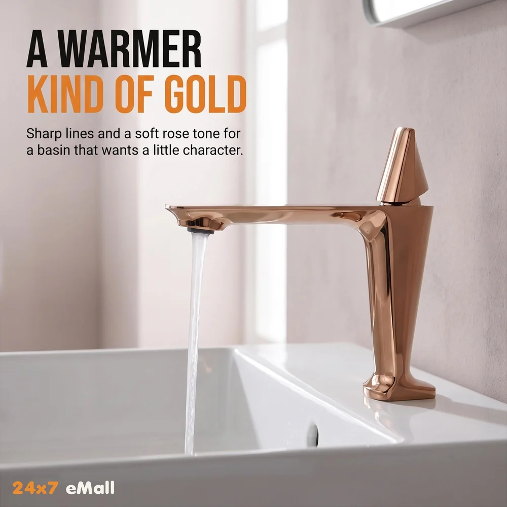 Rose Gold Faucet Tap Mixer Hot and Cold Water Heavy Single Lever Basin Mixer with Ceramic Cartridge for Bathroom Wash Basins - 17.4 Cm x 18.3 Cm