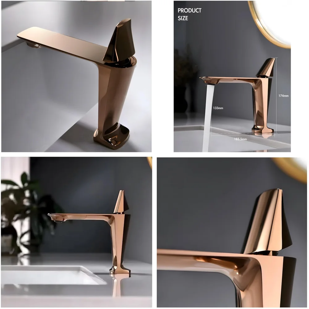 Rose Gold Faucet Tap Mixer Hot and Cold Water Heavy Single Lever Basin Mixer with Ceramic Cartridge for Bathroom Wash Basins - 17.4 Cm x 18.3 Cm