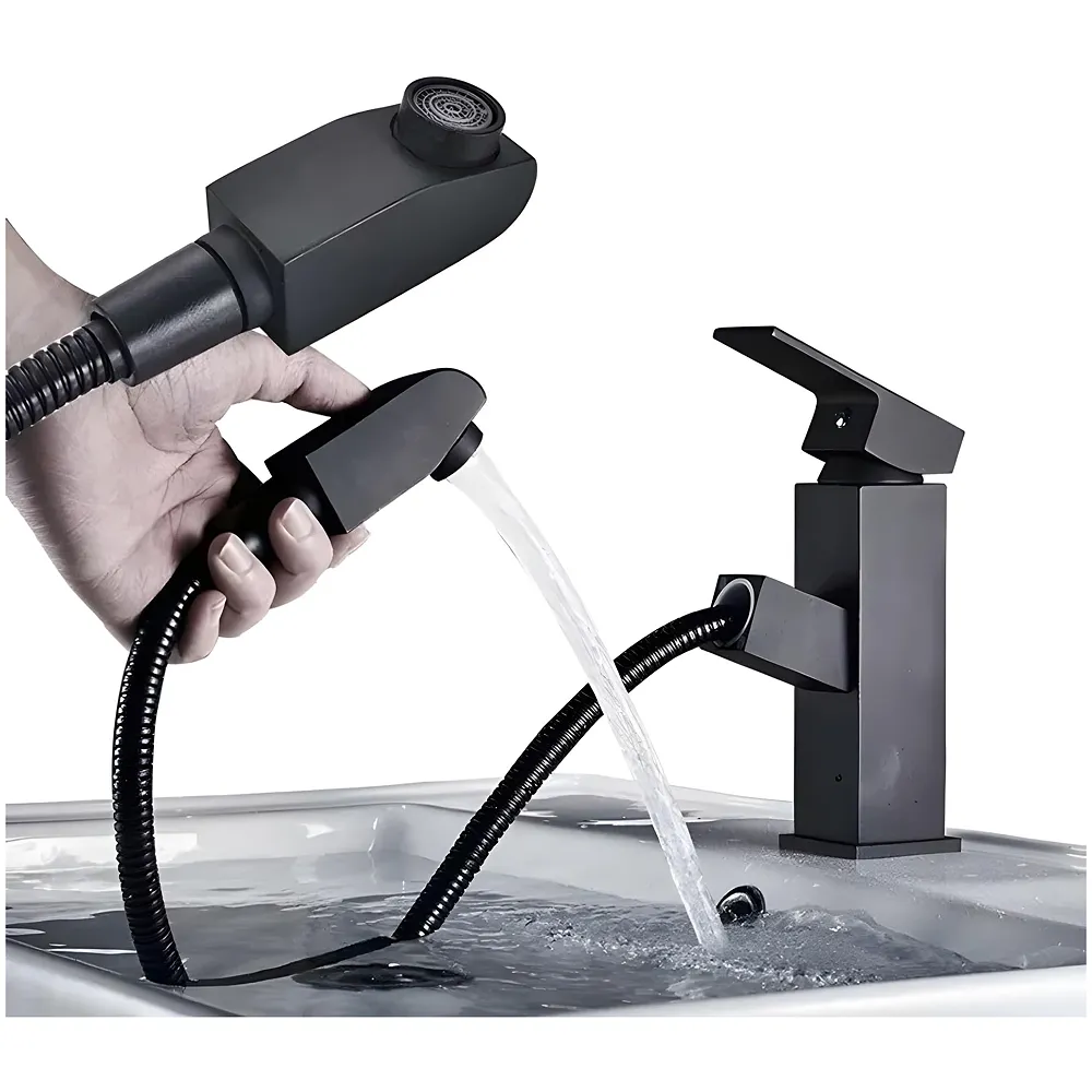 Pull Out Black Faucet Basin Mixer SS Vessel Mounted Small 6in