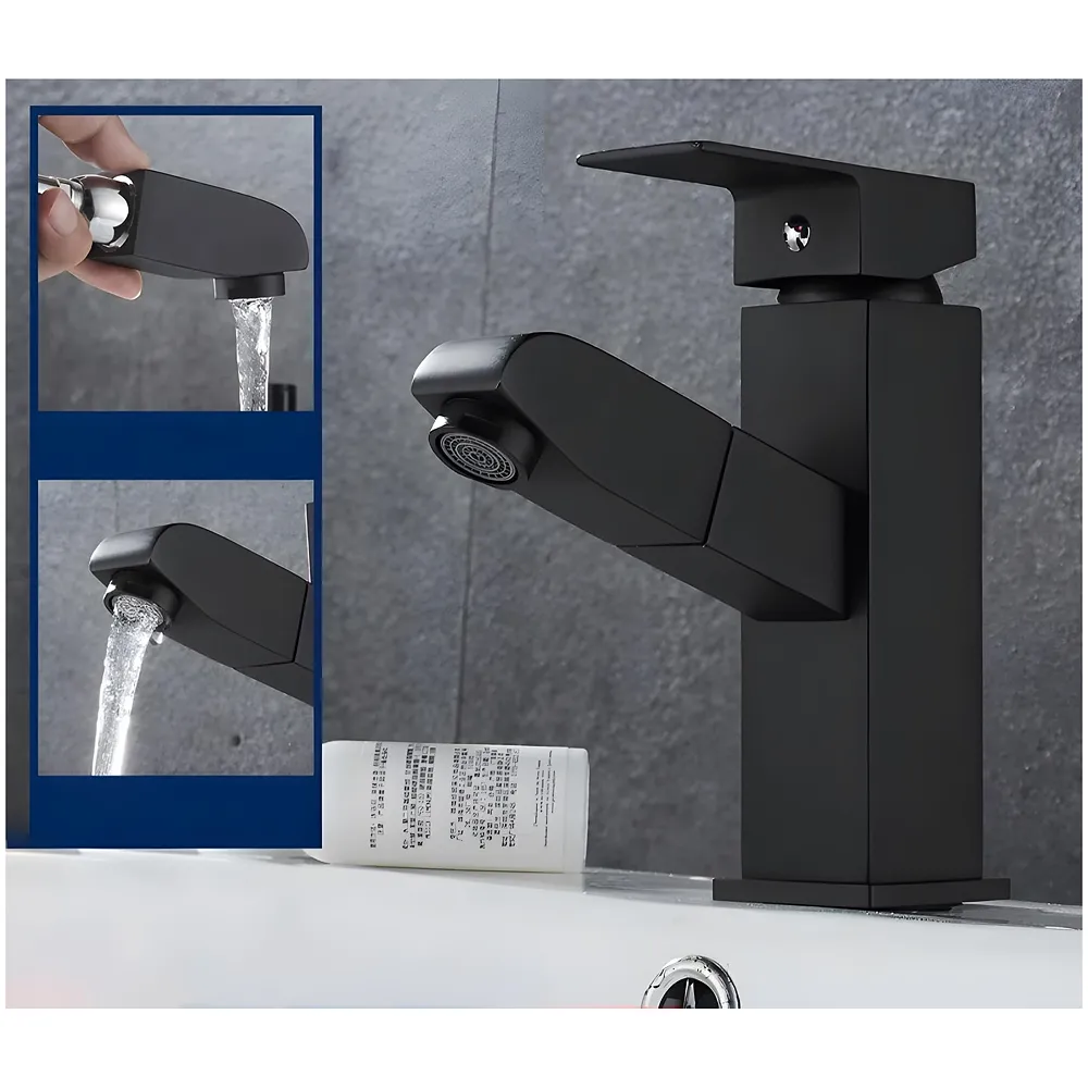 Pull Out Black Faucet Basin Mixer SS Vessel Mounted Small 6in