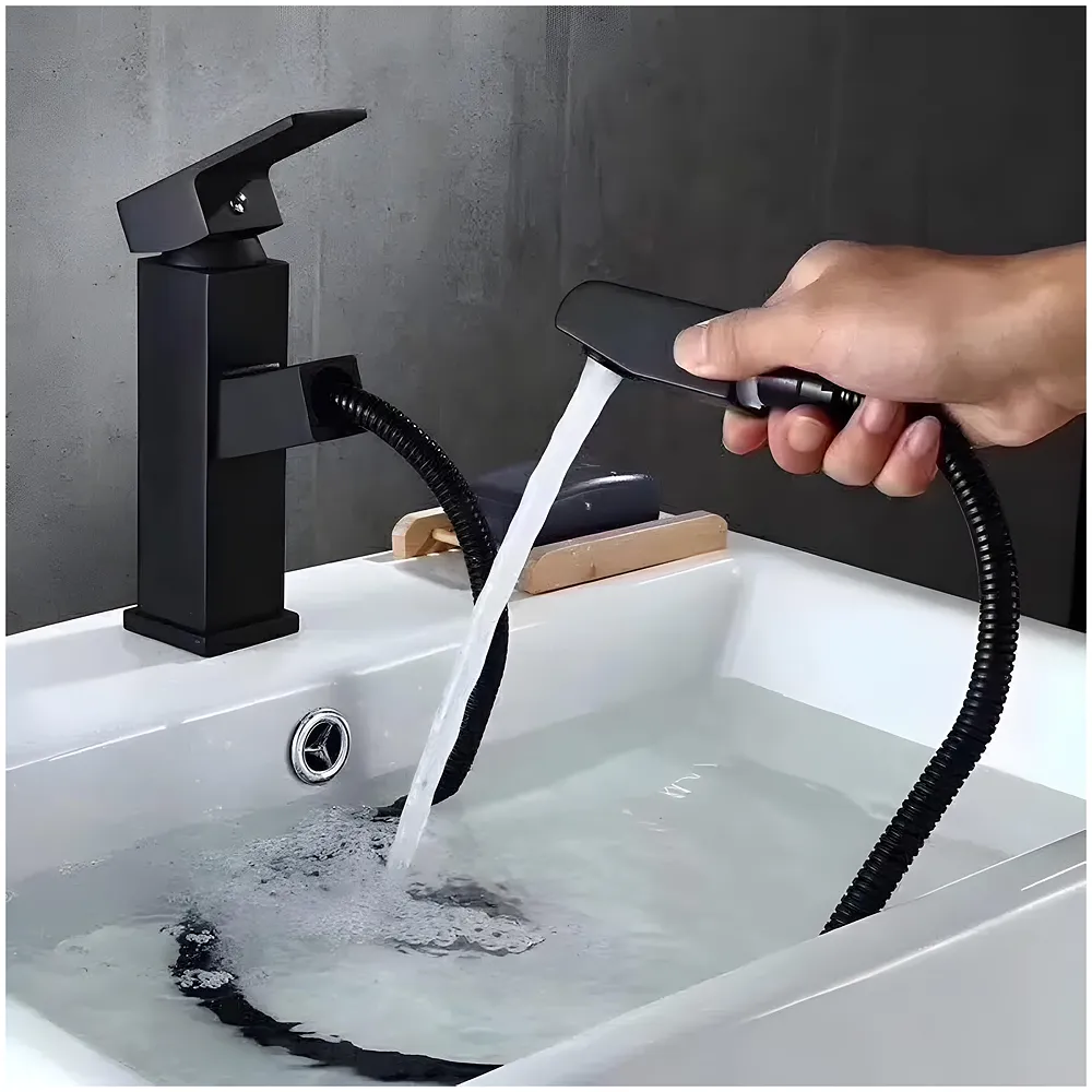 Pull Out Black Faucet Basin Mixer SS Vessel Mounted Small 6in