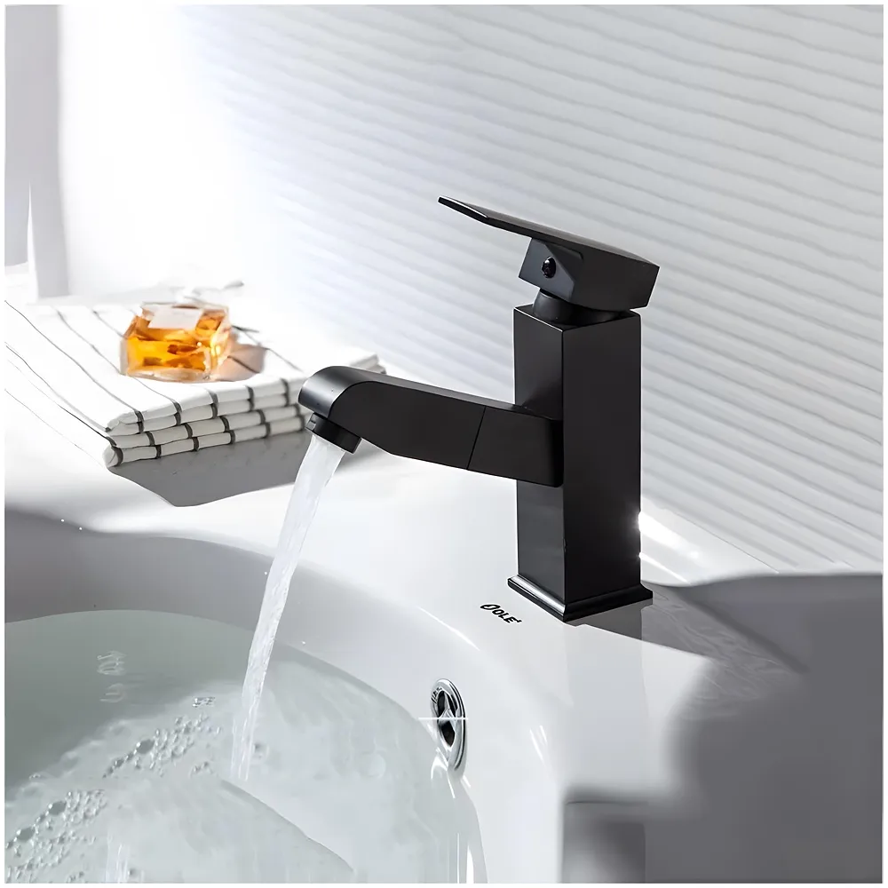 Pull Out Black Faucet Basin Mixer SS Vessel Mounted Small 6in