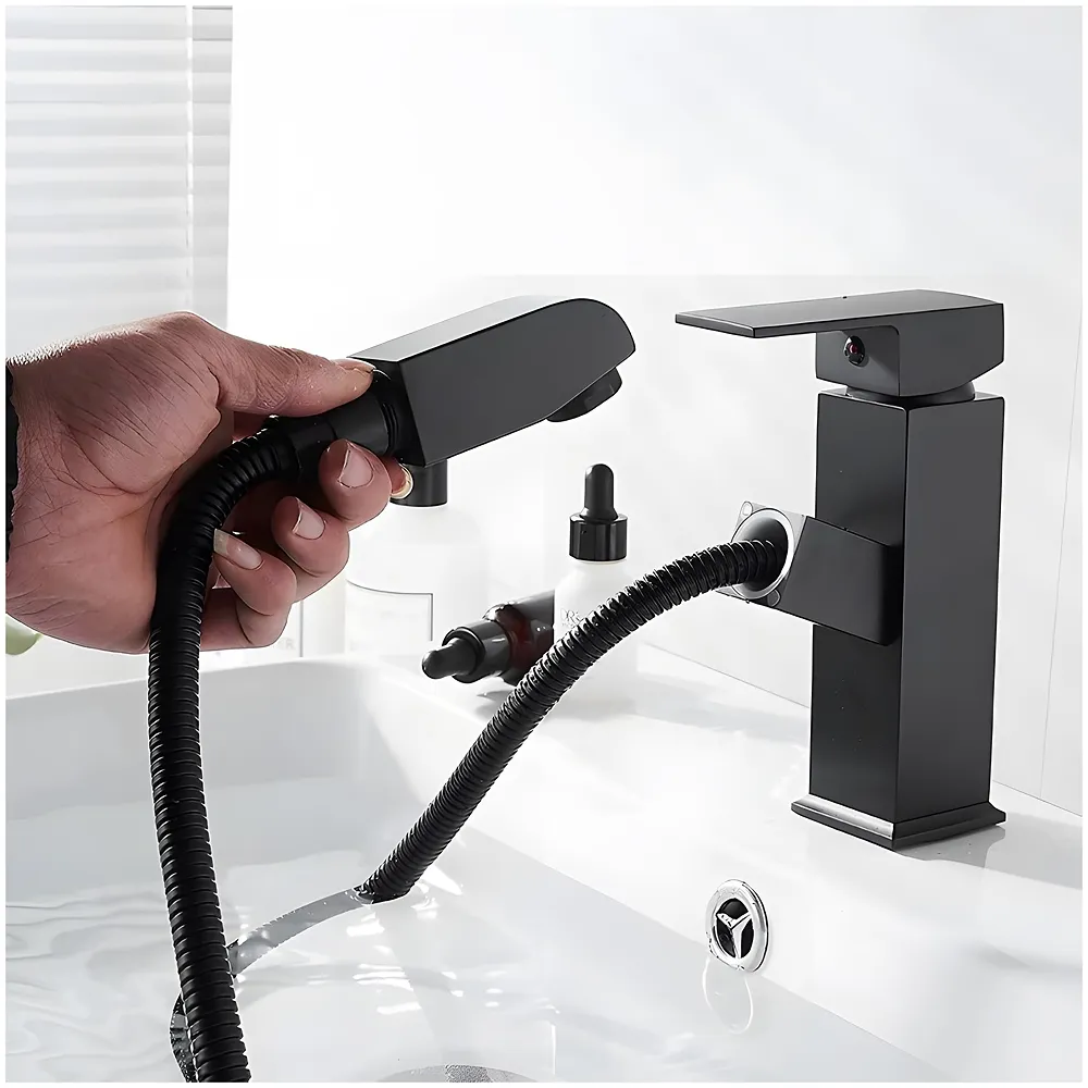 Pull Out Black Faucet Basin Mixer SS Vessel Mounted Small 6in