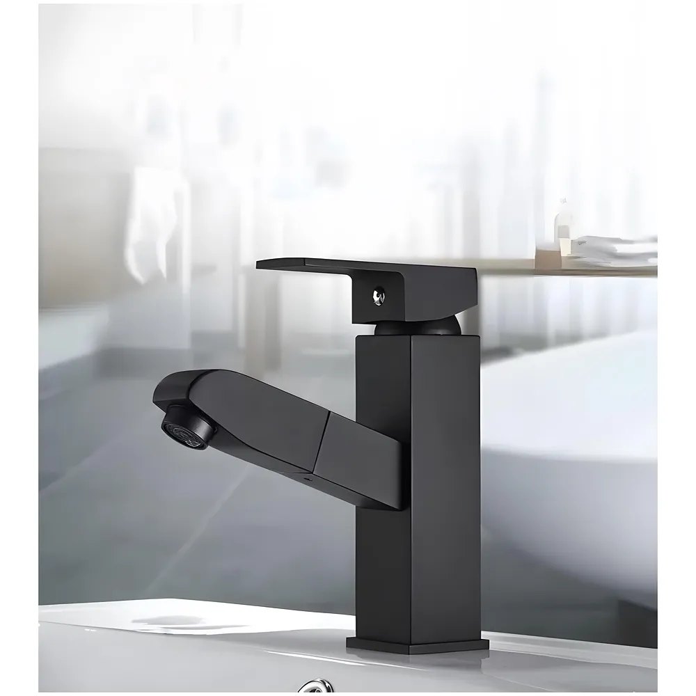 Pull Out Black Faucet Basin Mixer SS Vessel Mounted Small 6in