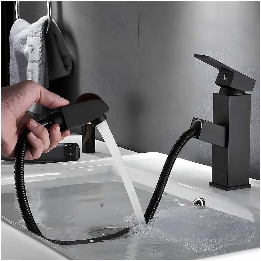 Pull Out Black Faucet Basin Mixer SS Vessel Mounted Small 6in