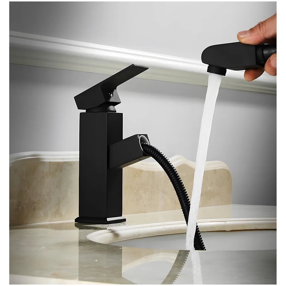 Pull Out Black Faucet Basin Mixer SS Vessel Mounted Small 6in