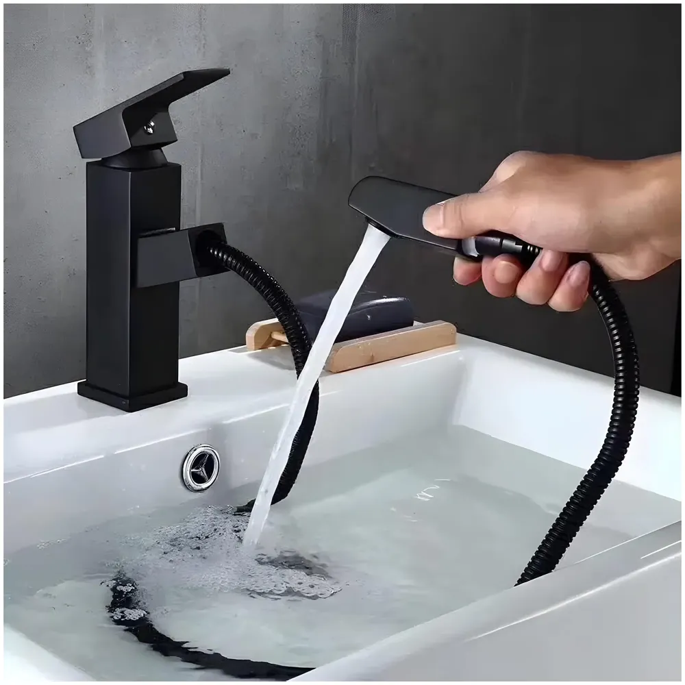 Pull-Out Black Faucet Single Lever Basin Mixer Hot and Cold for Bathroom Toilets Wash Basins Small Black, SS Material, 7 Inches Height Vessel Mounted - 6 Inches Height
