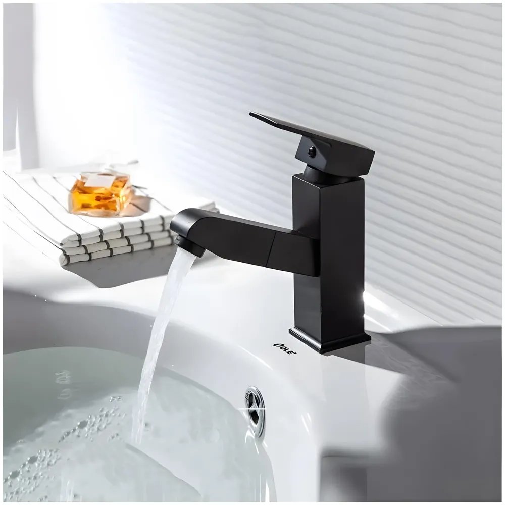 Pull-Out Black Faucet Single Lever Basin Mixer Hot and Cold for Bathroom Toilets Wash Basins Small Black, SS Material, 7 Inches Height Vessel Mounted - 6 Inches Height