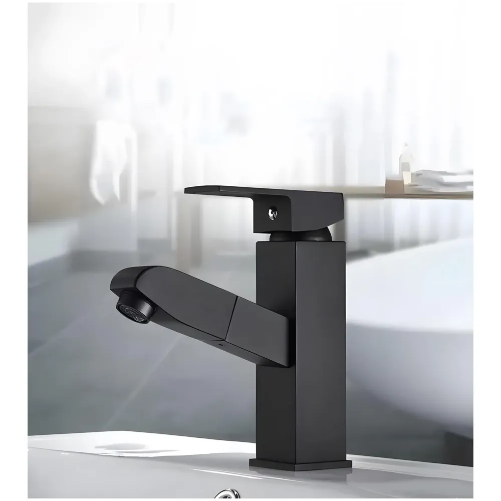 Pull-Out Black Faucet Single Lever Basin Mixer Hot and Cold for Bathroom Toilets Wash Basins Small Black, SS Material, 7 Inches Height Vessel Mounted - 6 Inches Height